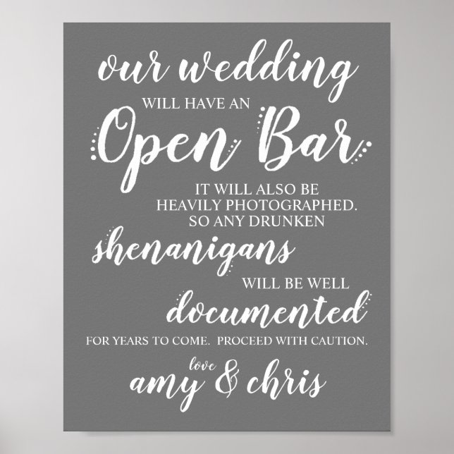Póster Boda Open Bar Funny Borracho Shenanigans Rótulo W (Frente)