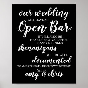 Póster Boda Open Bar Funny Rótulo Borracho Shenanigans