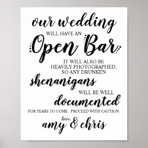 Póster Boda Open Bar Funny Rótulo Borracho Shenanigans