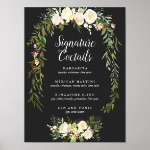Póster Boda orgánico Rótulo de cócteles con firma floral
