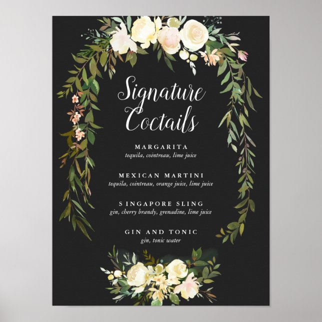 Póster Boda orgánico Rótulo de cócteles con firma floral (Frente)