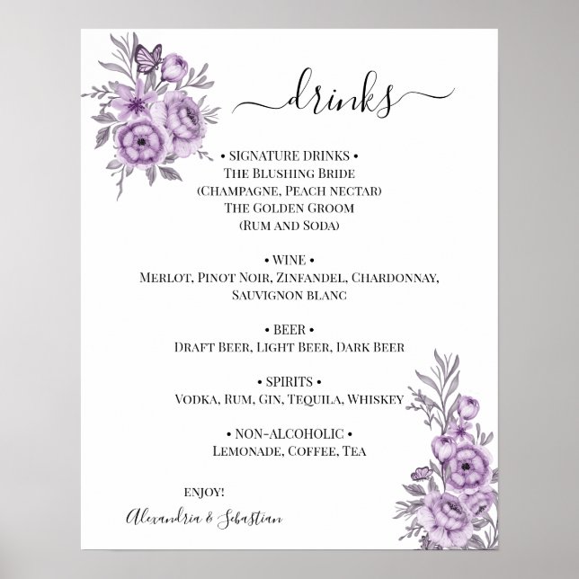 Póster Boda Orquídea Floral Bebidas Menú Rótulo (Frente)