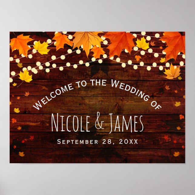 Póster Boda Otoño Madera Rústica y Luces de Cuerda (Frente)
