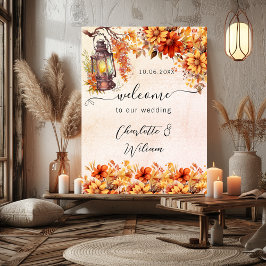 Póster Boda otoño naranja florals bienvenido