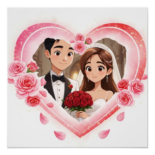 Póster Boda personalizada - Corazón de acuarela romántica (Anverso)