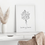 Póster Boda personalizado de dibujo de líneas de flores d<br><div class="desc">Poster de dibujo de dibujos de dibujos de líneas de flores de Boho Boda personalizado</div>