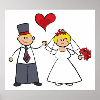 Póster Boda personalizado Pareja Novia y Corazón Rojo Gro