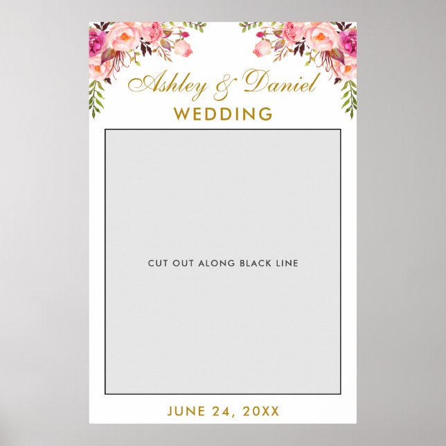 Póster Boda Photo Booth Prop | Oro Floral Rosa (Frente)