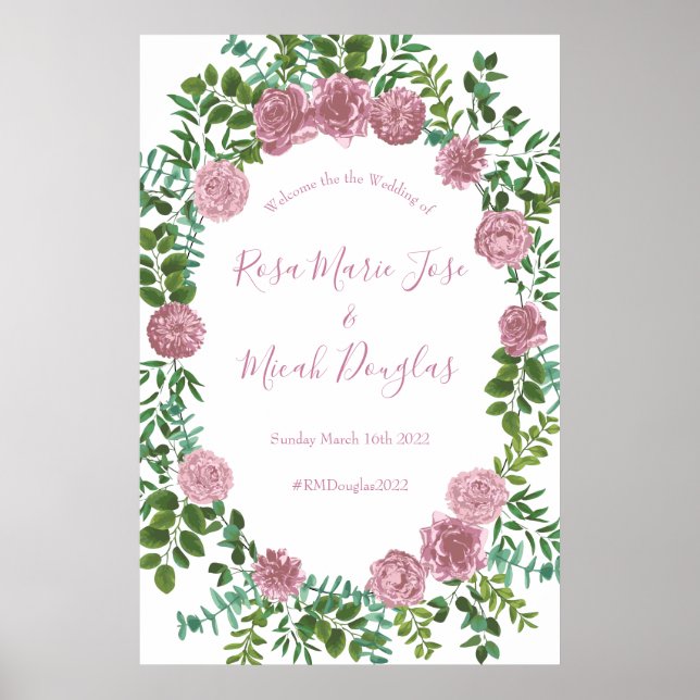 Póster Boda Primavera Jardín de Rosas Rosadas (Frente)