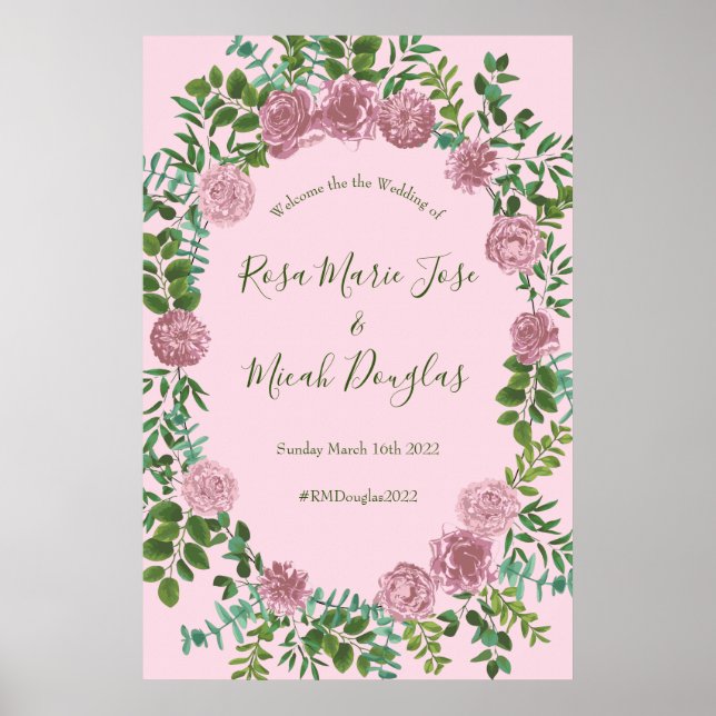 Póster Boda Primavera Jardín de Rosas Rosadas (Frente)