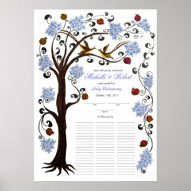 Póster Boda Quaker 60 comensales, árbol azul de la vida (Frente)