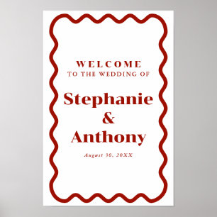 Póster Boda rojo oscuro del borde ondulado del retro de l