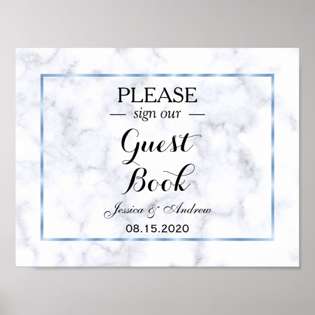 Póster Boda Romántica de Mármol Azul (Frente)