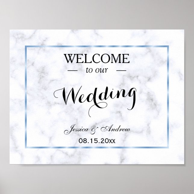 Póster Boda Romántica de Mármol Azul (Frente)