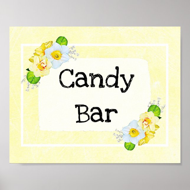 Póster Boda Rótulo Candy Bar Floral Amarilla (Frente)