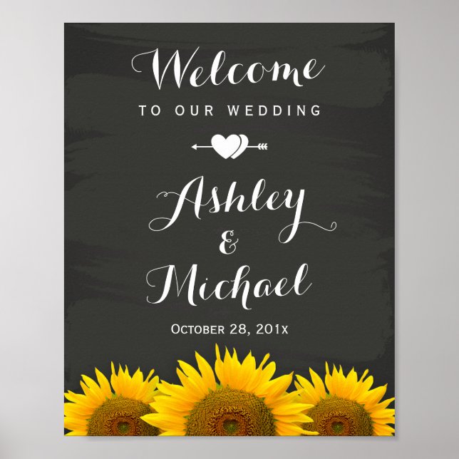 Póster Boda Rótulo Recepción Corazón girasoles Cartel (Frente)