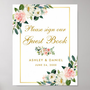 Póster Boda Rubor Rosado Floral Libro de Oro
