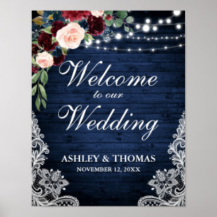Póster Boda Rustic Blue Wood Lace Burgundy Blue Floral