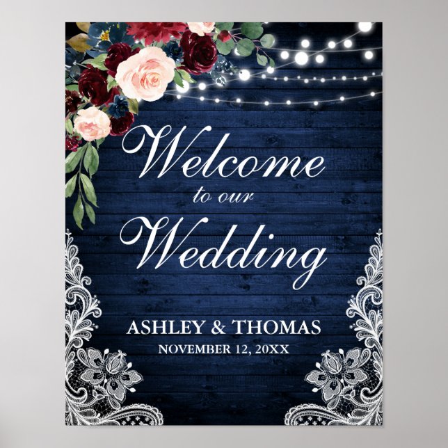 Póster Boda Rustic Blue Wood Lace Burgundy Blue Floral (Frente)