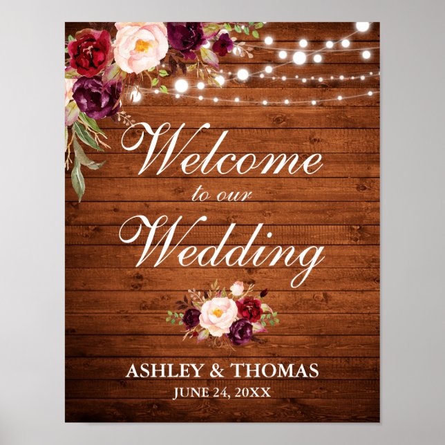 Póster Boda Rustic Wood Enfoca Borgoña Floral (Frente)