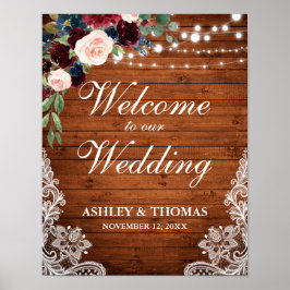 Póster Boda Rustic Wood Lace Burgundy Blue Floral
