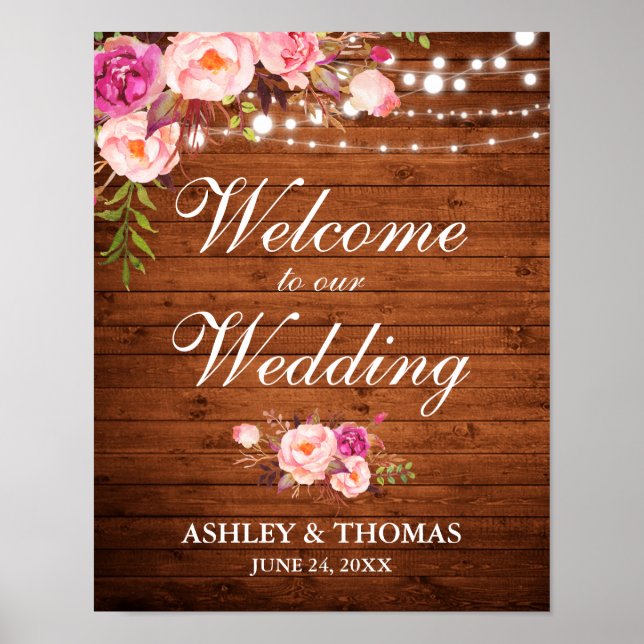 Póster Boda Rustic Wood Lights Pink Floral (Frente)