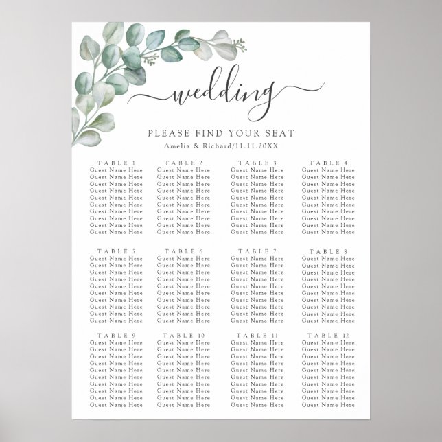 Póster Boda Rústica Acuarela con Verde Eucalipto (Frente)