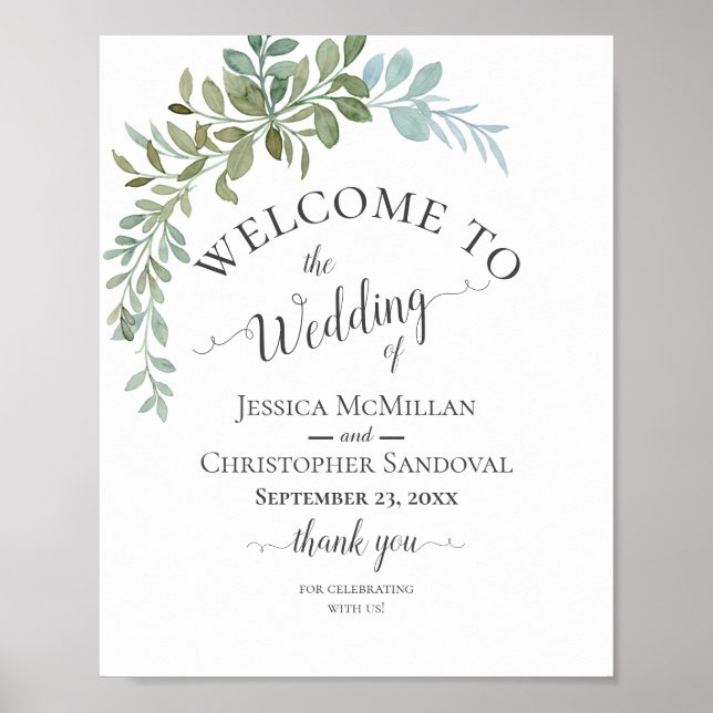Póster Boda Rústica Acuarela de Eucalipto Verde Suave (Frente)