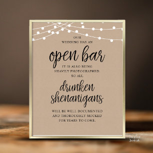 Póster Boda Rústica Bar Abierto, Travesuras Borrachos