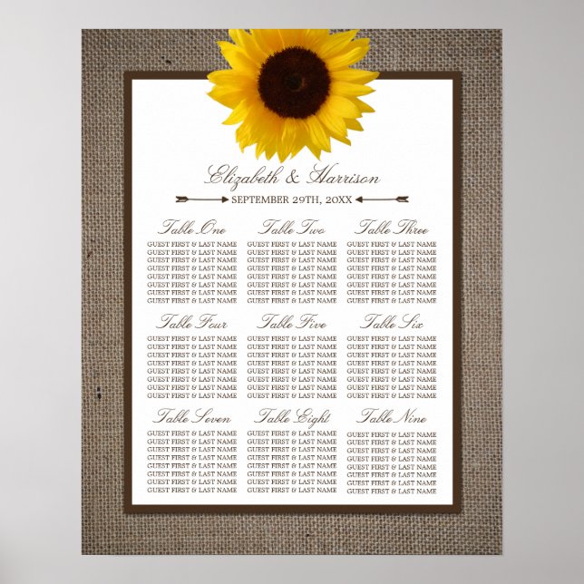 Póster Boda Rústica de Campo con Girasoles y Arpillera (Frente)