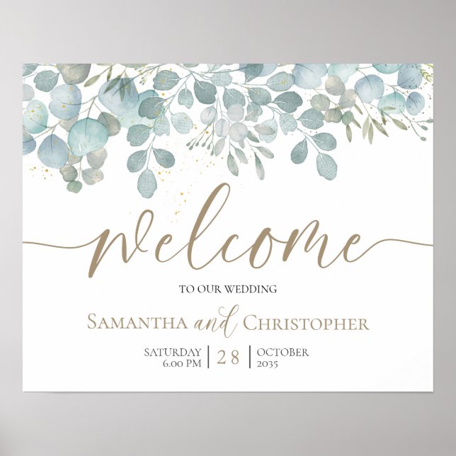 Póster Boda Rústica Eucalipto Verde Salvia Dorado (Frente)