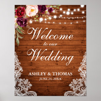 Póster Boda Rústica Luces De Madera Lace Burgundy Floral