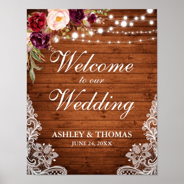 Póster Boda Rústica Luces De Madera Lace Burgundy Floral (Frente)