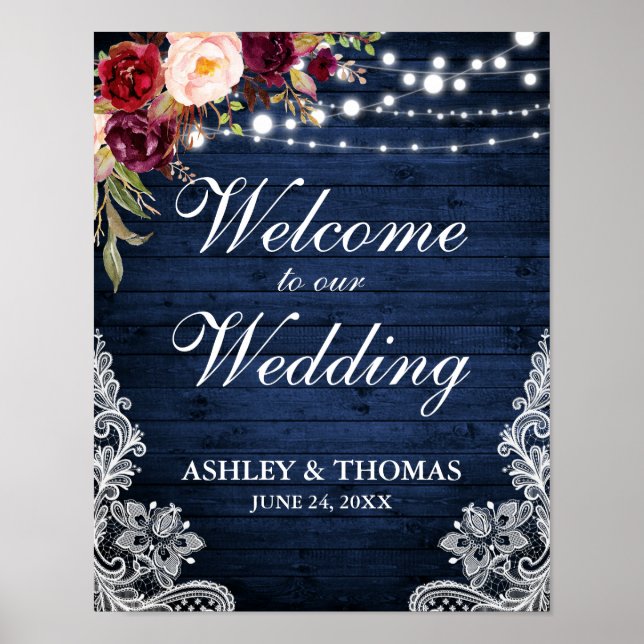 Póster Boda Rústica Luz de Madera Azul Lace Borgoña (Frente)