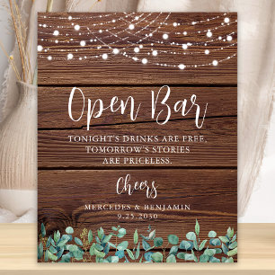Póster Boda Rústico Abierto Bar Greenery String Lights