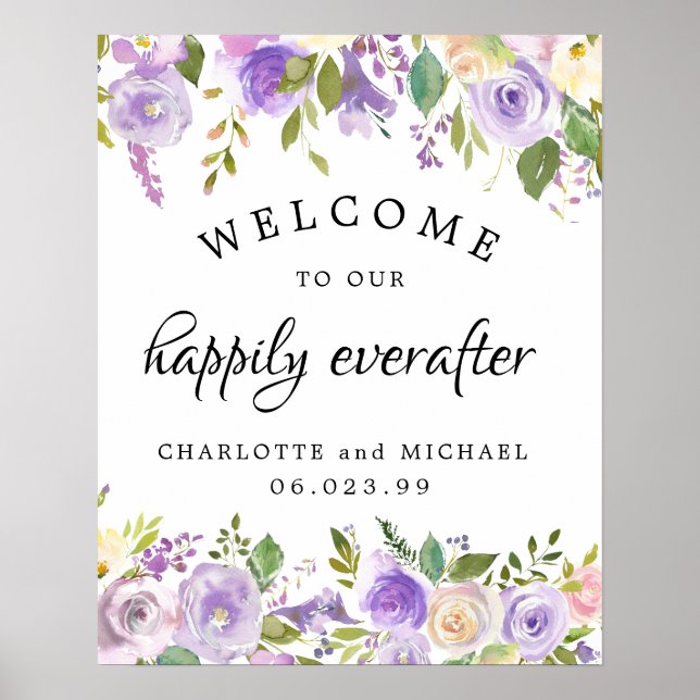 Póster Boda Rústico Feliz Everafter Purple Floral (Frente)