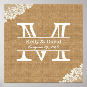 Póster Boda Rústico Monograma Burlap & Lace