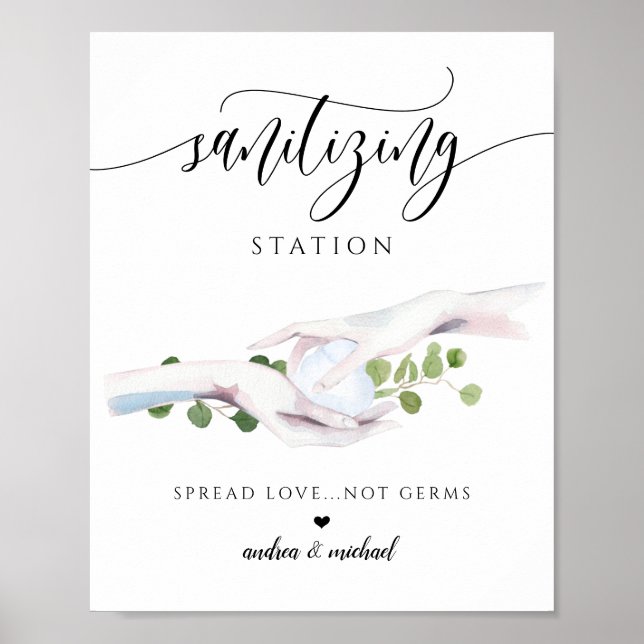 Póster Boda Sanitization Station Rótulo PPE Watercolor (Frente)