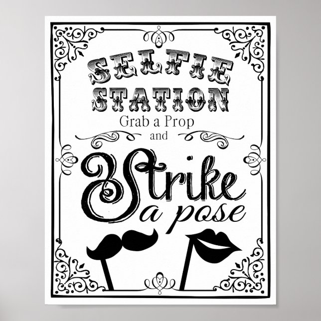 Póster Boda selfie foto de la cabina signo blanco y negro (Frente)