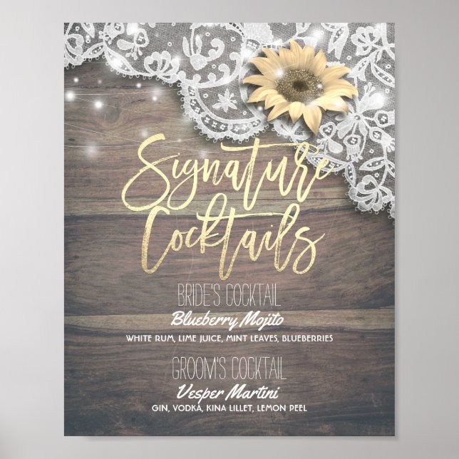 Póster Boda Signature Bebe Menú Lace Sunflower Wood (Frente)
