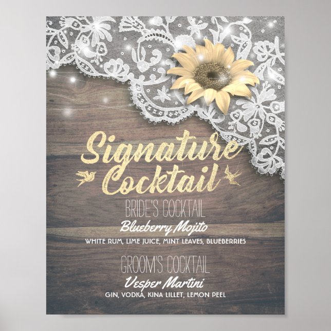 Póster Boda Signature Bebe Menú Lace Sunflower Wood (Frente)