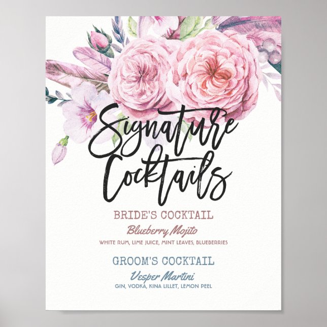 Póster Boda Signature Cocktail Bebe Menú Boho Floral (Frente)
