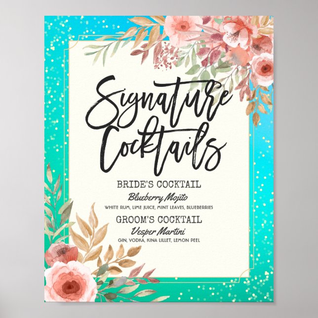 Póster Boda Signature Cocktail Bebe Menú Floral rosa (Frente)