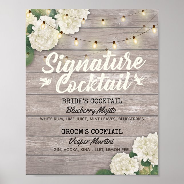 Póster Boda Signature Cocktail Bebe Menú Flores de madera (Frente)