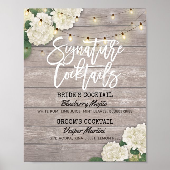 Póster Boda Signature Cocktail Bebe Menú Flores de madera (Frente)