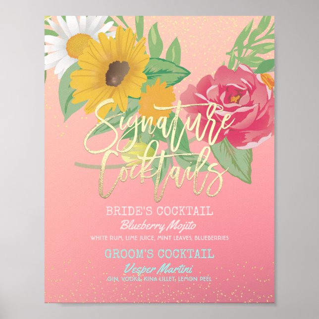 Póster Boda Signature Cocktail Bebe Menú Flores rosas (Frente)