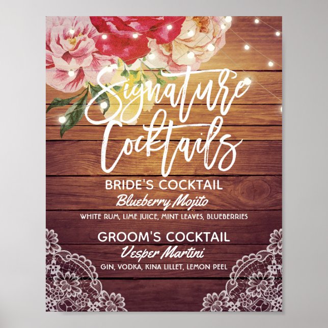 Póster Boda Signature Cocktail Bebe Menú Wood Floral (Frente)