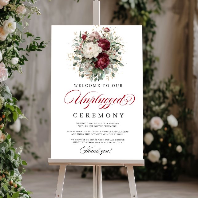 Póster Boda sin conexión Artístico Rubor Burdeos (Artistic Blush Burgundy Unplugged Ceremony)