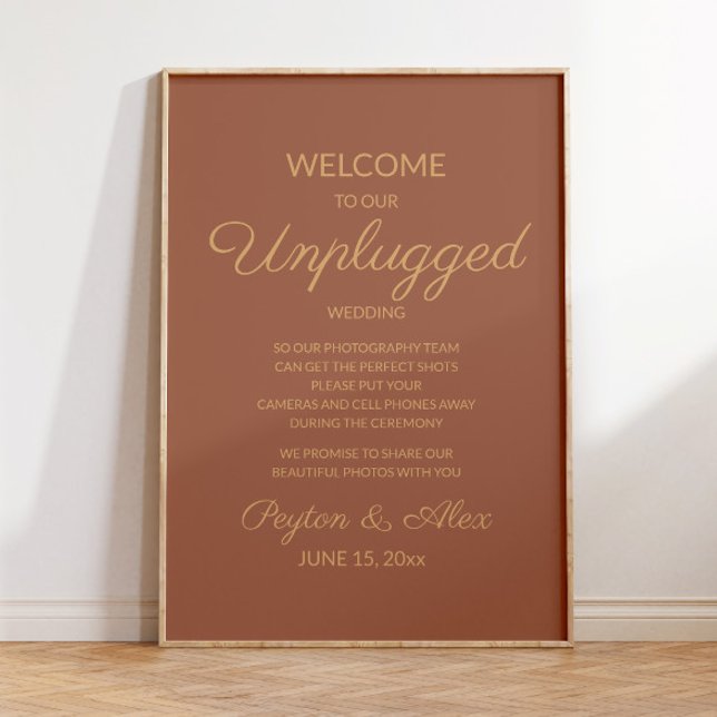 Póster Boda sin conexión Terracota Elegante Script (Terracotta/burnt orange "Unplugged" wedding poster for your fall/autumn/winter wedding)