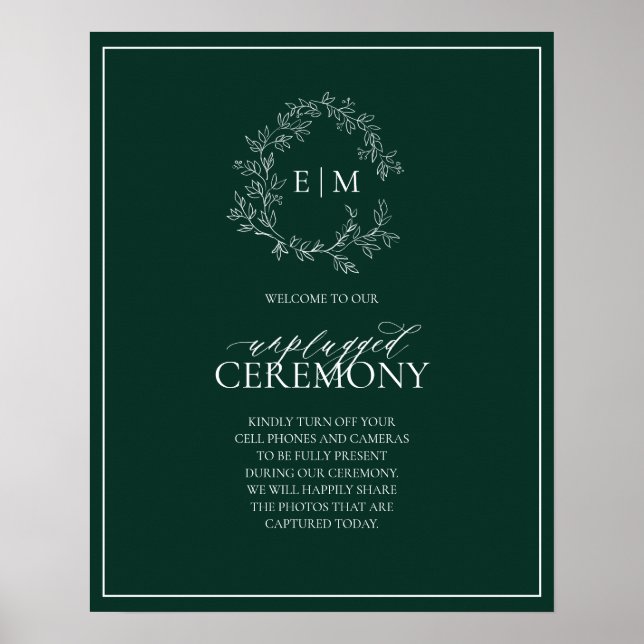 Póster Boda sin enchufe del monograma verde esmeralda (Frente)